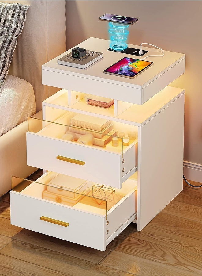 JCB CHIC Modern Smart Nightstand with Wireless Charging，Bedside Table with RGB Light & Human Sensor Design，2 Drawers LED Modern End Side Table for Bedroom Office - Image 1